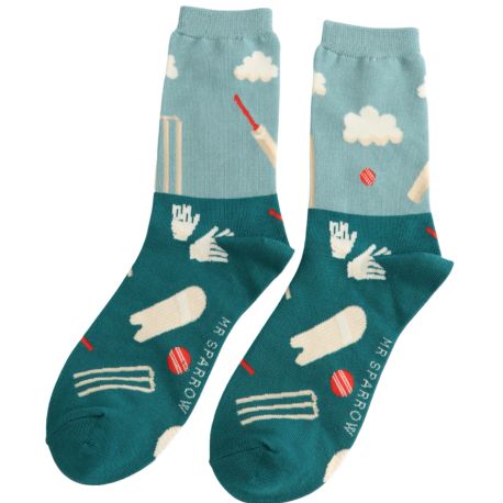 Mr Sparrow Cricket Scene Teal Socks