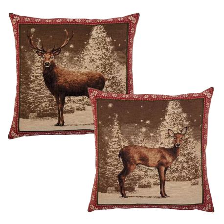 Hines of Oxford Pair of Winter Deer &amp; Stag Tapestry Cushions