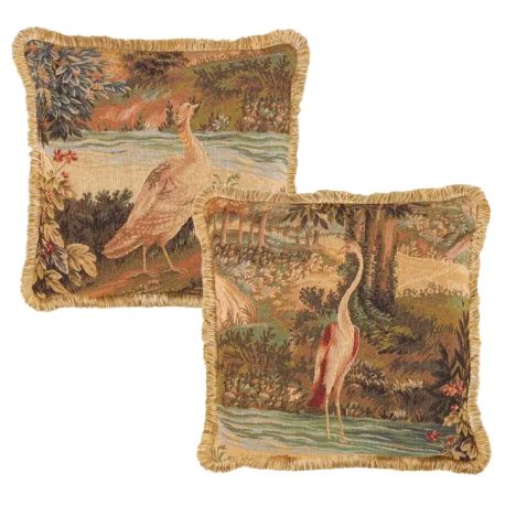 Hines of Oxford Pair of Verdure Bird &amp; Heron Tapestry Cushions