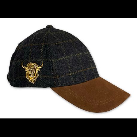 Highland Cow Navy Tweed Leather Peak Cap