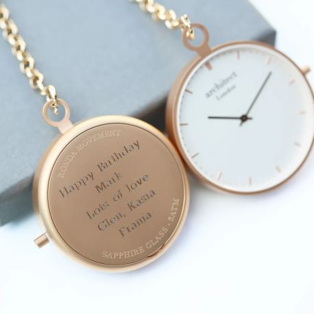 Modern Pocket Watch – Rose Gold Finish, Modern Personalised Text Engraving