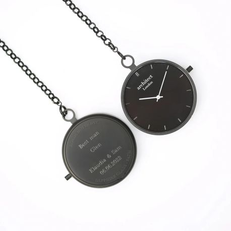 Modern Pocket Watch – Black Finish, Modern Personalised Text Engraving