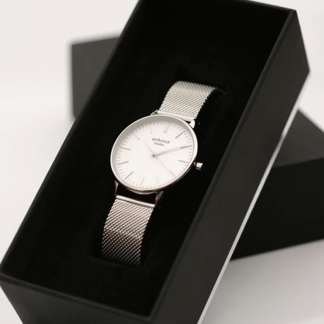 Architēct Blanc Watch – Silver Bezel &amp; Silver Mesh Strap, Handwriting Engraving