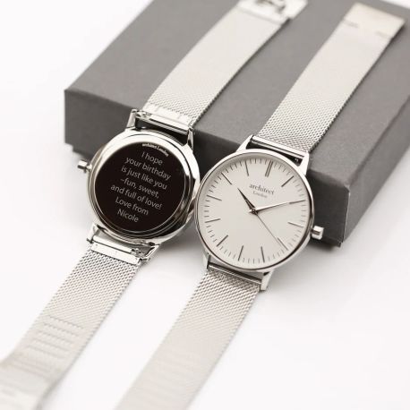Architēct Blanc Watch – Silver Bezel &amp; Silver Mesh Strap, Modern Text Engraving
