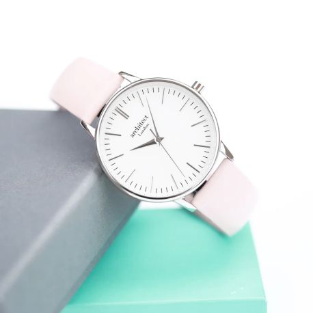 Architēct Blanc Watch – Silver Bezel &amp; Light Pink Strap, Modern Text Engraving