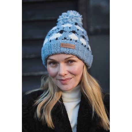 Pachamama Sheep Merino Wool Roll Back Bobble Beanie Blue