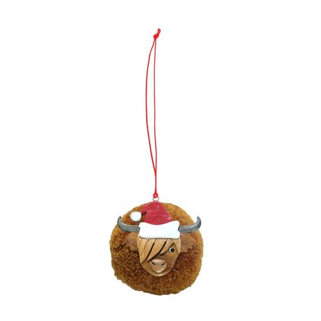 Pom Pom Highland Cow with Santa Hat Christmas Bauble