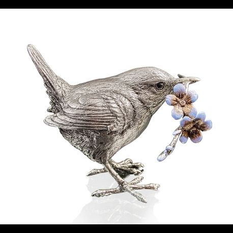 Richard Cooper Wren with Forget-me-Nots - Stainless Steel Sculpture