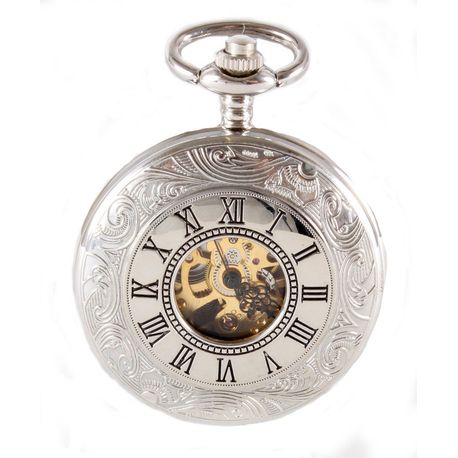 Silver Patterned Half Hunter Mechanical Pocket Watch