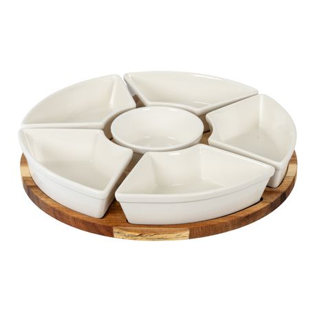 Acacia Lazy Susan Including Ceramic Serving Bowls