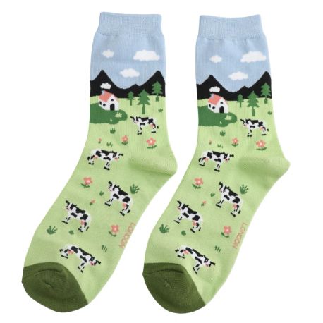 Miss Sparrow Ladies Cows in the Field Socks - Sky Blue