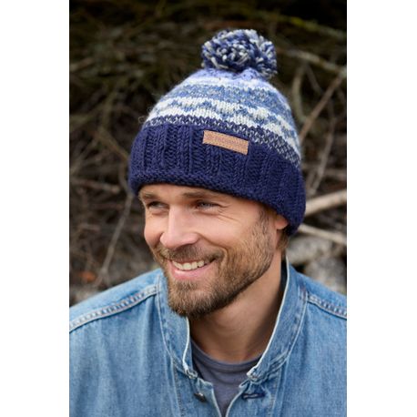 Pachamama Mens Classic Fairisle Navy Bobble Beanie Hat