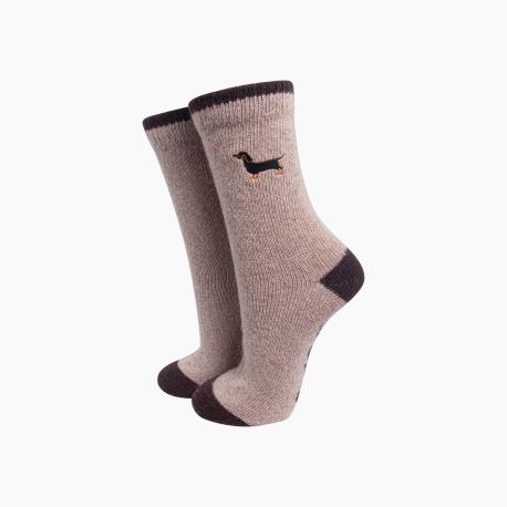 Sausage Dog Beige Embroidered Wool Socks