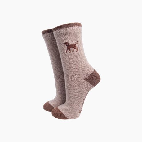 Chocolate Labrador Beige Embroidered Wool Socks