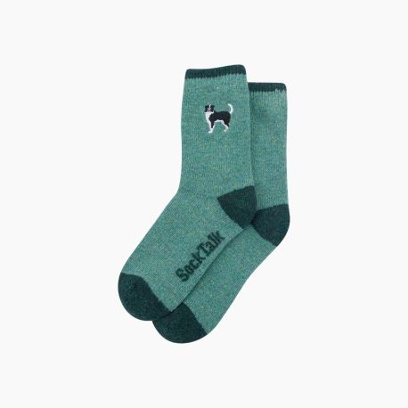 Border Collie Dog Green Embroidered Wool Socks