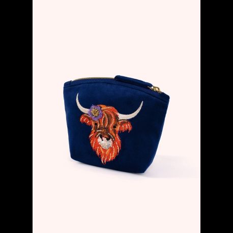 Powder Highland Cow Embroidered Velvet Mini Pouch