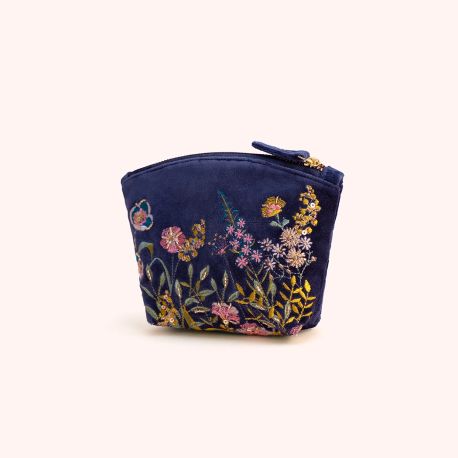 Powder Navy Floral Hedgerow Embroidered Velvet Mini Pouch