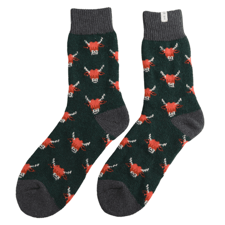Mr Sparrow Highland Cows Winter Wool Socks Green