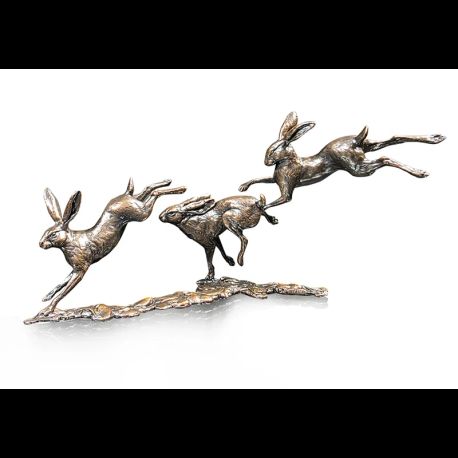Richard Cooper Small Hares Playing Bronze Sculpture